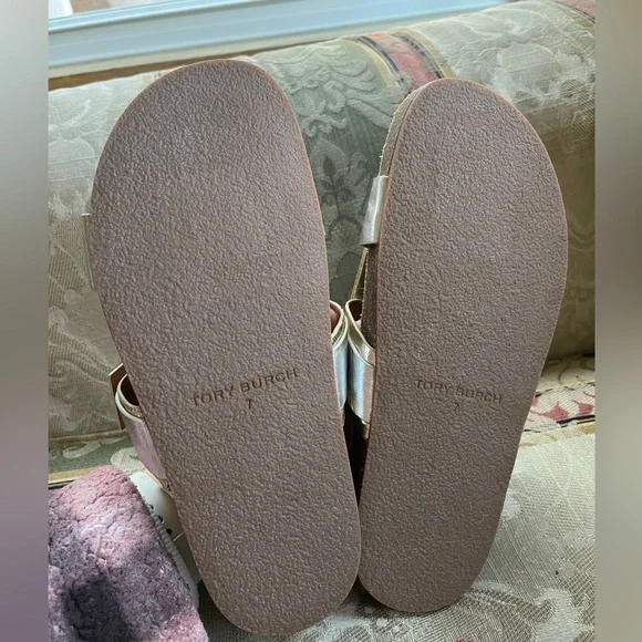 Tory Burch Multi-Logo Kiltie Sandal - Silver / Spark Gold / Natural. Size 7